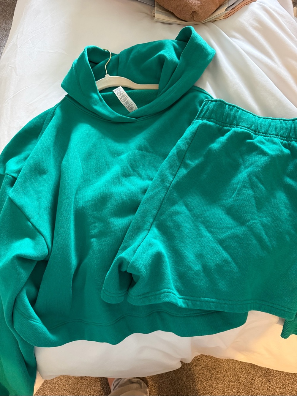 ALO Yoga Teal Green Bae cropped hoodie and matching Shorts Set